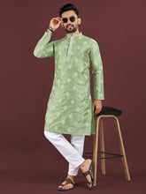 Vardhman Premium Green Sequin Embroidered Mono Silk Kurta Pyjama Set for Men's